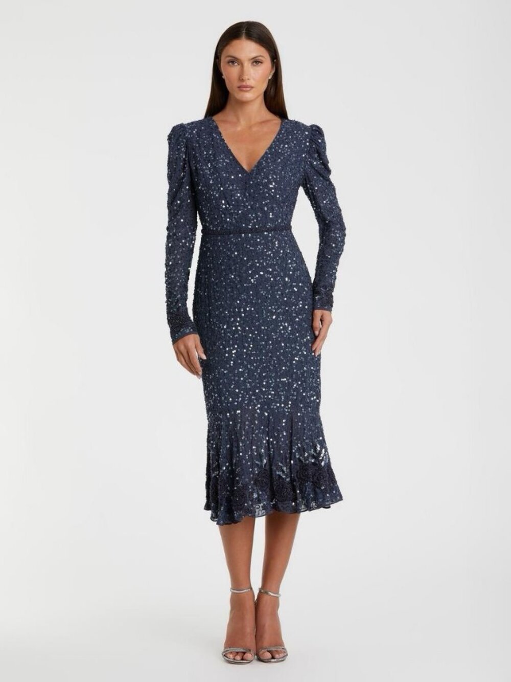 Mac Duggal Size 4 Navy Blue 10740 SEQUIN Floral EMBELLISHED Midi Cocktail Dress